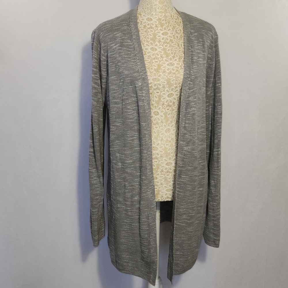 J Jill Women's Size L Gray Open Front Long Sleeve Cotton Linen Blend Cardigan - Picture 2 of 12
